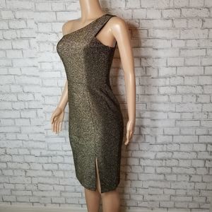 Metallic Print front slit One shoulder dress
